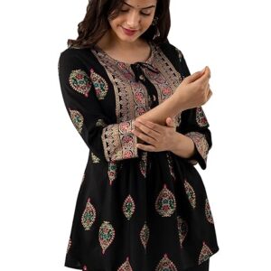 DMP FASHION Women's Rayon Classic Printed Boota Top with Beautiful Tassels and Buttons at Front Black